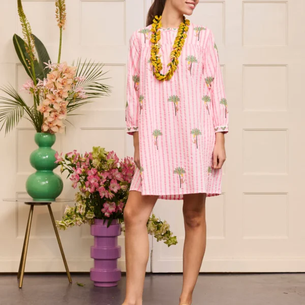 NIMO WITH LOVE Lilly Dress Palm on Pink Stripes