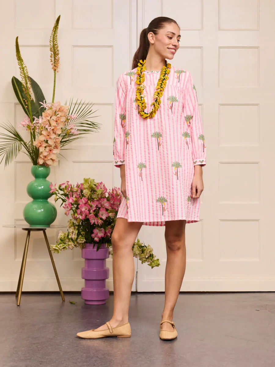 NIMO WITH LOVE Lilly Dress Palm on Pink Stripes